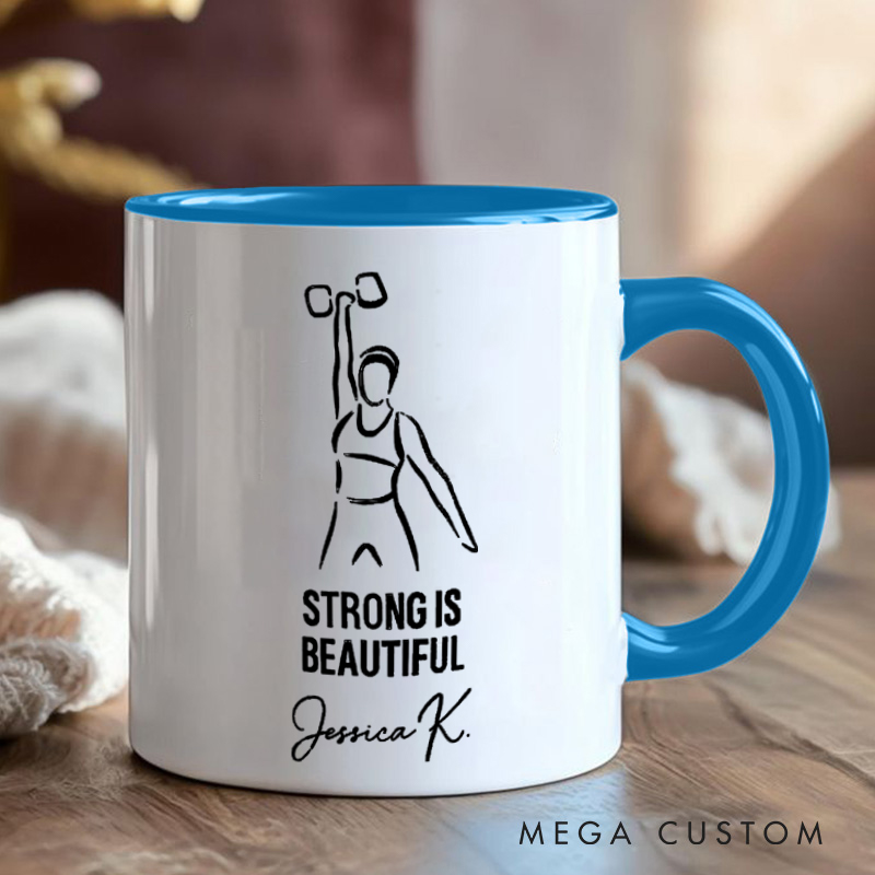 Personalized Fitness Mug Strong is Beautiful with Custom Name Gift Motivational Coffee Cup for Fitness Enthusiasts Bodybuilders and Gym Lovers