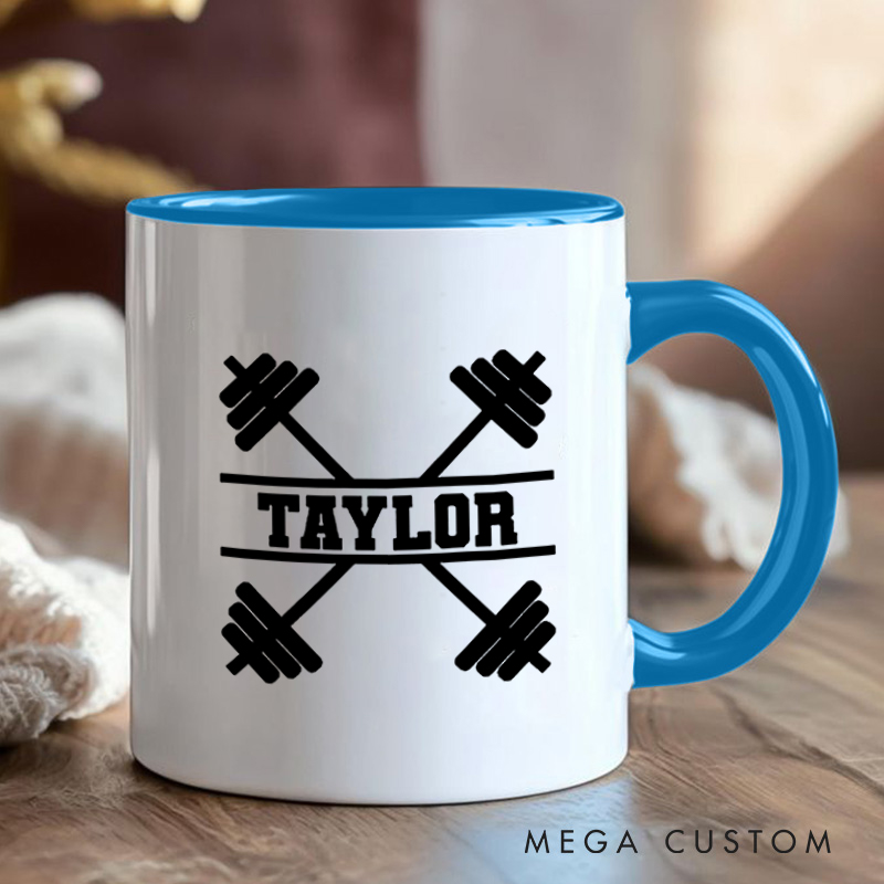 Personalized Fitness Mug with Crossed Dumbbell Design Gift Motivational Coffee Cup for Fitness Enthusiasts Bodybuilders and Gym Lovers
