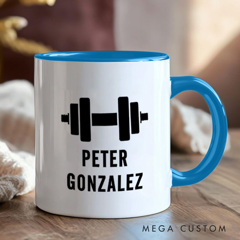 Personalized Fitness Mug with Dumbbell Graphic Gift Motivational Coffee Cup for Fitness Enthusiasts Bodybuilders and Gym Lovers