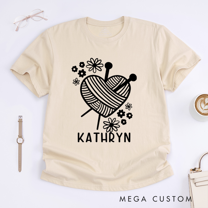 Personalized Knitting Heart Classic T-Shirts Gift for Knitting Lovers Cute Yarn Design Shirt Funny Knitting Tee