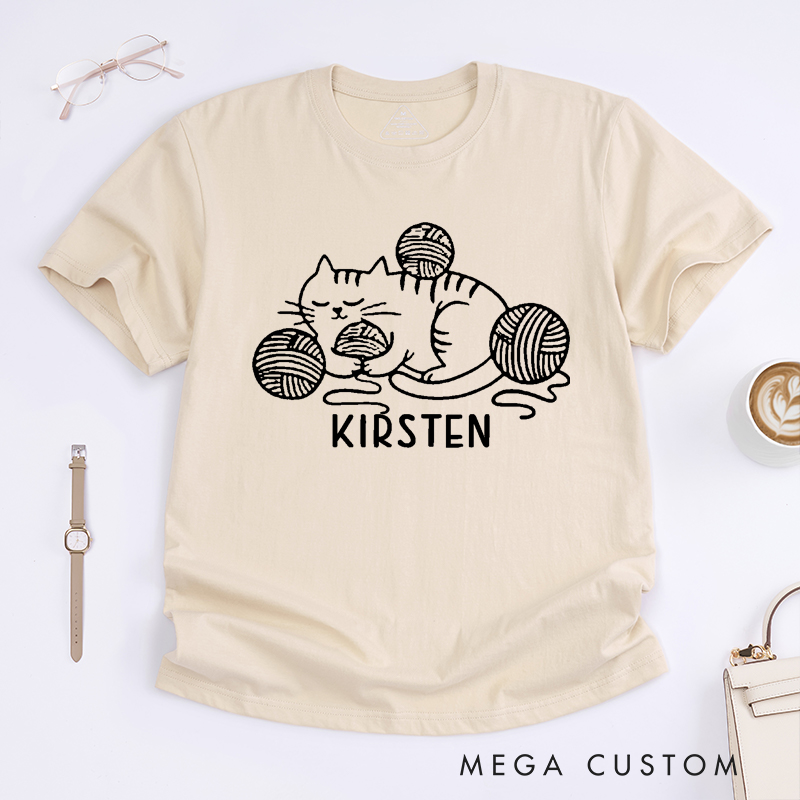 Personalized Knit Cat Classic T-Shirts Gift for Knitting Lovers Yarn Ball Cute Kitten Graphic Tee Cozy Pet Lover Shirt