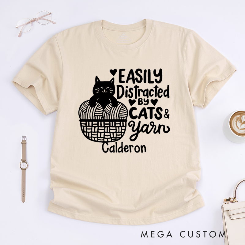 Personalized Easily Distracted by Cat and Yarn Classic T-Shirts for Knitting Lovers Funny Crochet Shirt Gift for Cat Lover