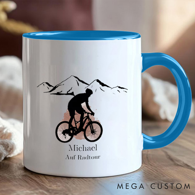 Personalized Mountain Biking Coffee Cup Mug with Name and Scenic Design for Outdoor Adventures Riding Cycling Biking Enthusiasts