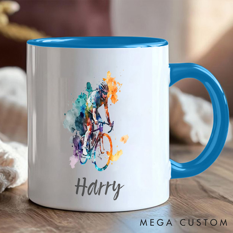 Personalized Watercolor Cyclist Coffee Cup Mug with Art for Outdoor Adventures Riding Cycling Biking Enthusiasts