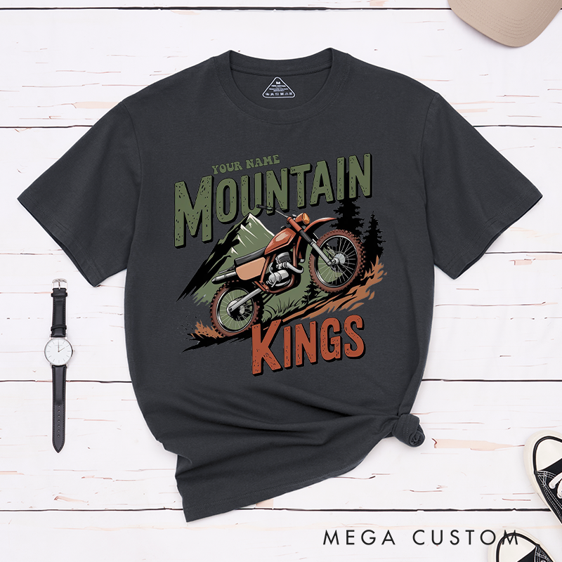 Personalized Mountain Kings Dirt Bike T-Shirt a Majestic Mountain Backdrop for Outdoor Adventures Riding Cycling Biking Enthusiasts