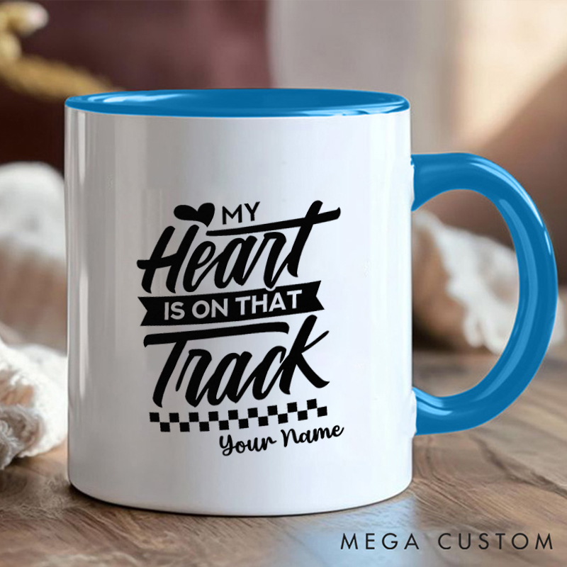 Personalized Racing Heart Mug with Name and Track Design for Outdoor Adventures Riding Cycling Biking Enthusiasts