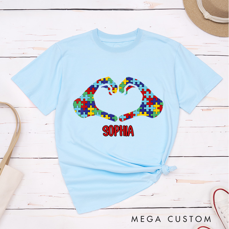 Personalized Heart LOVE Hands Puzzle Autism Awareness T-Shirt Mental Health Gift