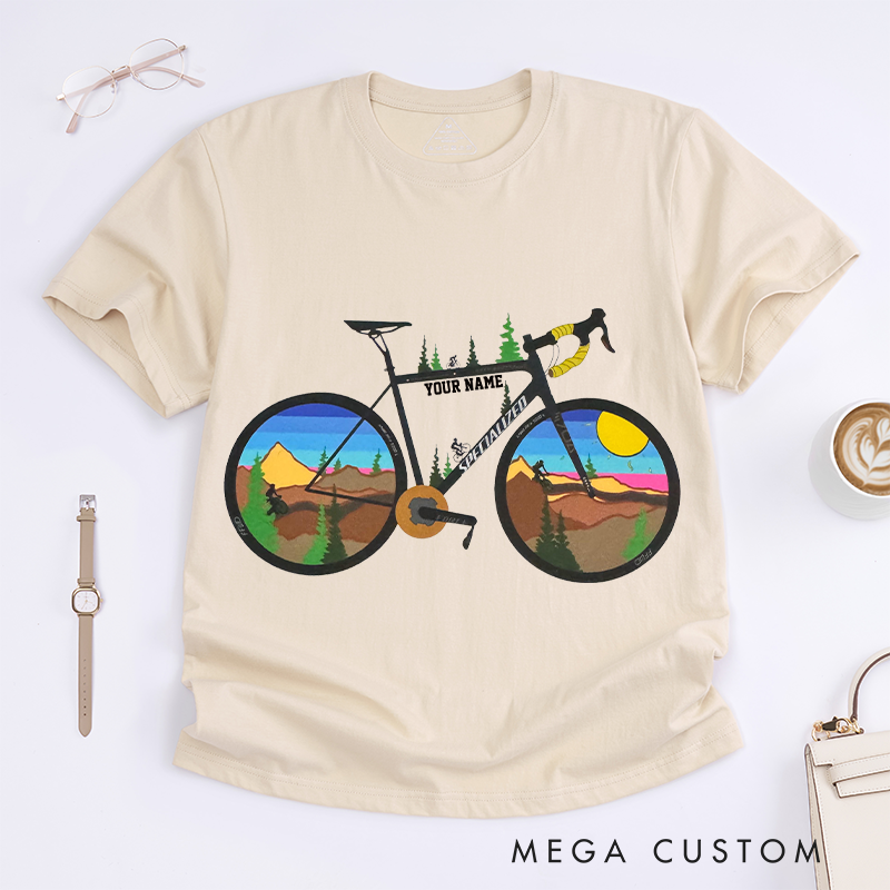 Personalized Scenic Bicycle T-Shirt with Vibrant Landscape Scenes in the Wheels for Outdoor Adventures Riding Cycling Biking Enthusiasts