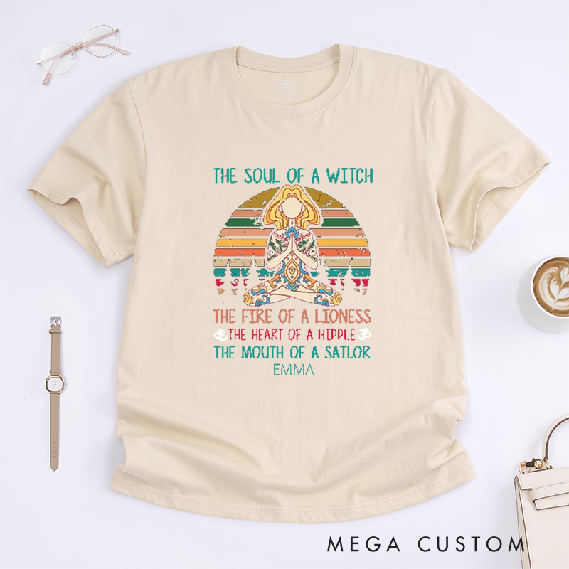 Personalized The Soul Of A Witch Yoga T-Shirt Positive Yoga Lover T-Shirt Meditating Yoga Gift for Women