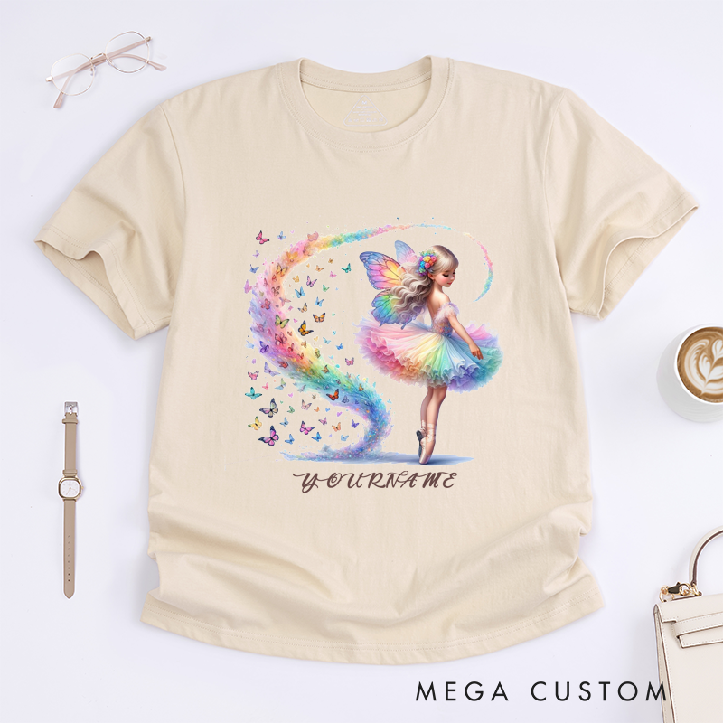 Personalized Fairy Ballerina T-Shirt Custom Name Rainbow Butterfly Ballet Tee Unique Birthday Gift for Girls Dance Lover Daughter Kids Women