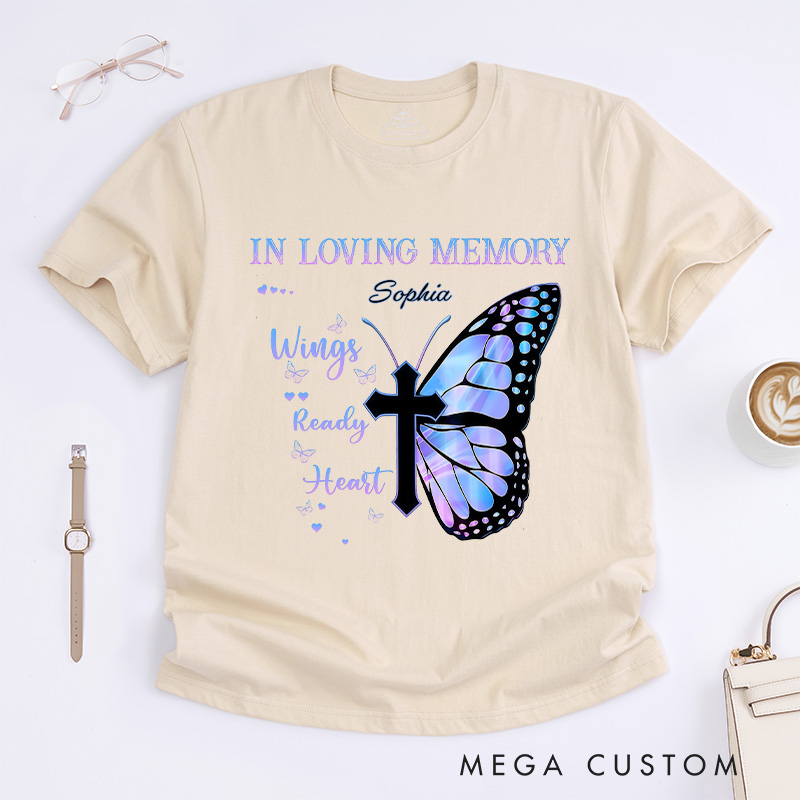 Personalized Custom Name Memorial T-Shirt Gradient Butterfly Cross In Loving Memory Wings Ready Heart Grieving Gift for Loved One