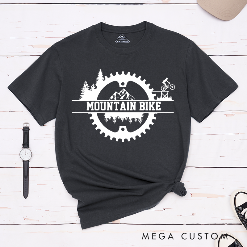 Personalized Mountain Bike Adventure T-Shirt with Forests Cyclist Silhouette for Outdoor Adventures Riding Cycling Biking Enthusiasts