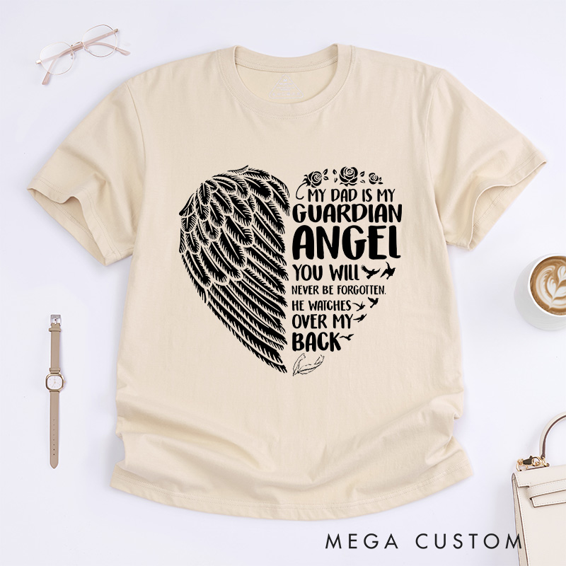 Personalized Dad Guardian Angel Memorial T-Shirt Wings Heart Rose Birds Custom Sympathy Gift for Daughter Son Loss of Father