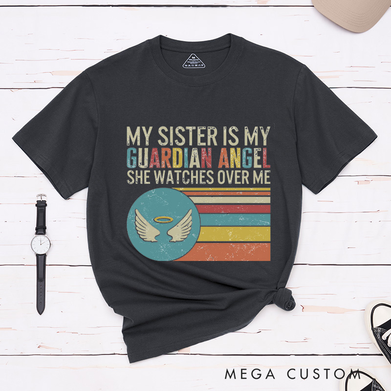 Personalized Guardian Angel Sister Memorial T-Shirt Retro Striped Wings Sympathy Gift for Grieving Sibling