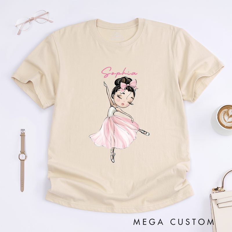 Personalized Ballerina Girl T-Shirt Custom Name Ballet Dance Gift Soft Cute Birthday Present for Daughter Little Girl Kids Ballet Lover