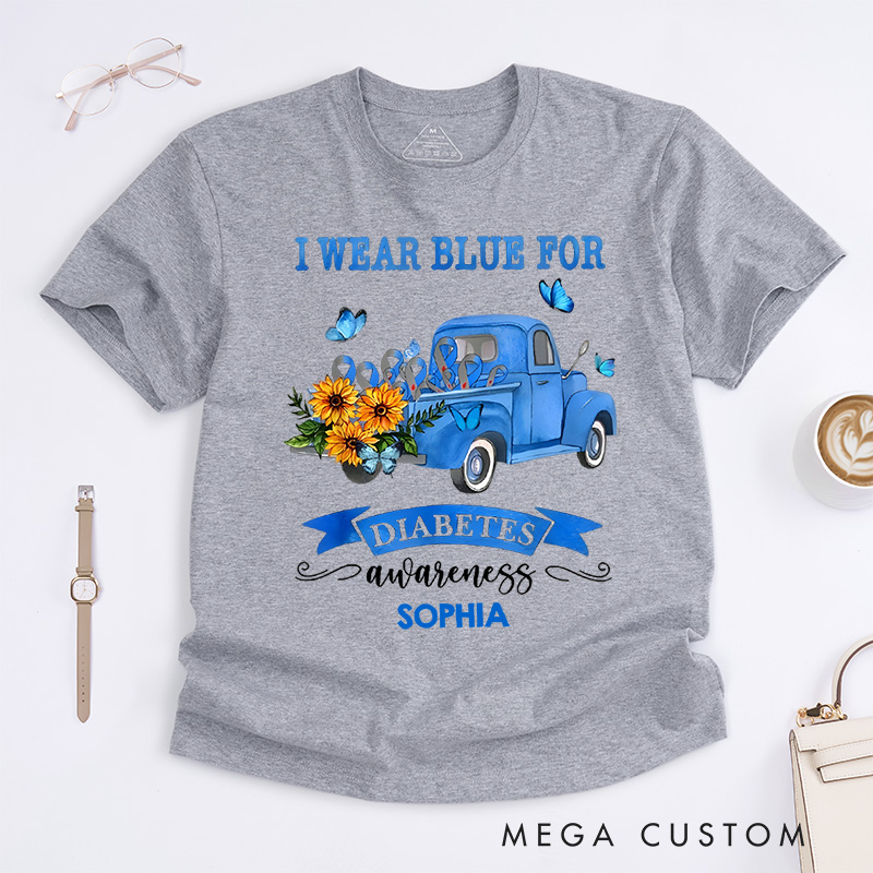 Personalized I Wear Blue for Diabetes Awareness T-Shirt Caring Gifts for the Sick