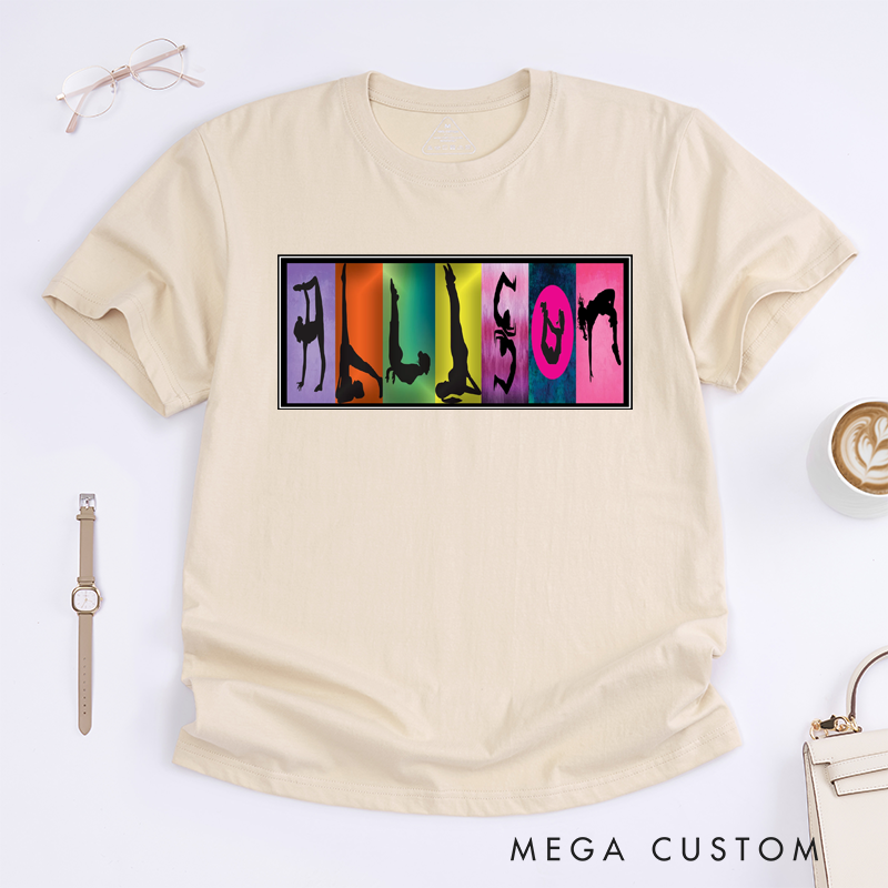 Personalized Name Yoga Pose Art T-Shirt Gift for Women Custom Gymnastics Tee Unique Top for Mom Friends Family Birthday
