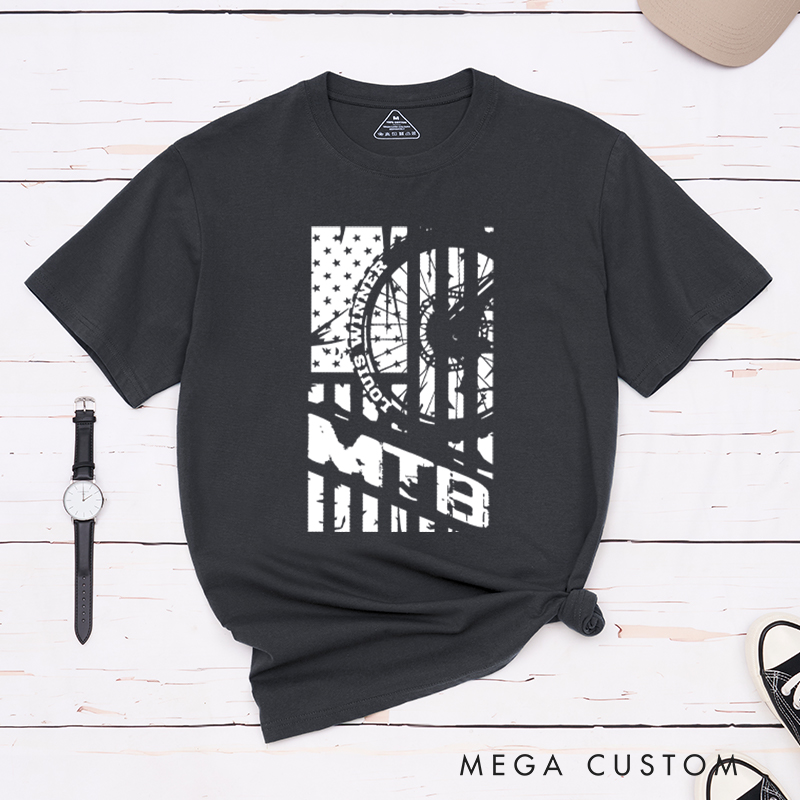 Personalized MTB Flag T-Shirt with a Bold Mountain Bike Wheel and American Flag for Outdoor Adventures Riding Cycling Biking Enthusiasts