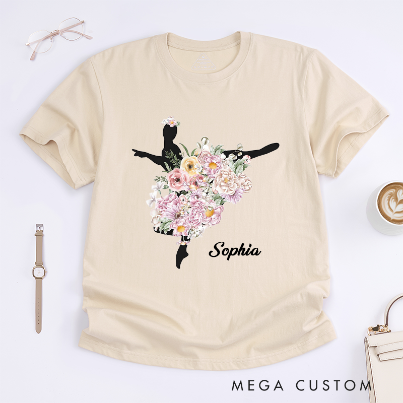 Personalized Ballerina Floral Art T-Shirt Custom Name Flower Dance Silhouette Gift for Women Girls Unique Artistic Ballet Lover Birthday Present