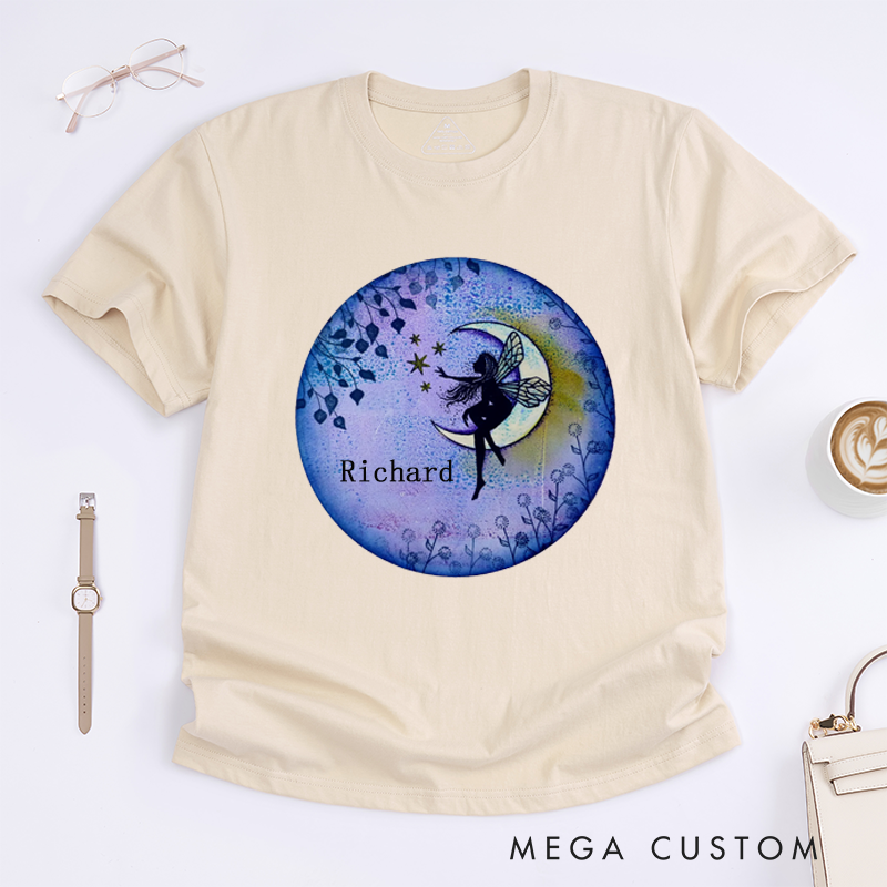 Personalized Fairy Moon T-Shirt Custom Name Gift for Women Unique Fantasy Art Tee Magical Birthday Present for Daughter Sister or Friend