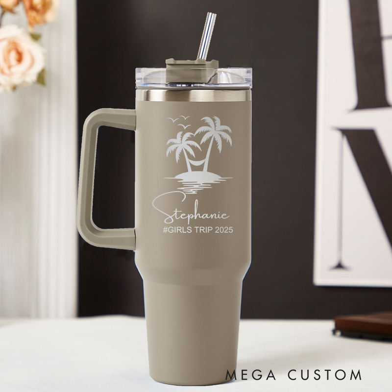 Personalized Beach Tumbler with Straw Trip Gifts Travel Lover Tumbler 40OZ Stainless Steel Tumbler Laser Engraved Tumbler Gift for Her
