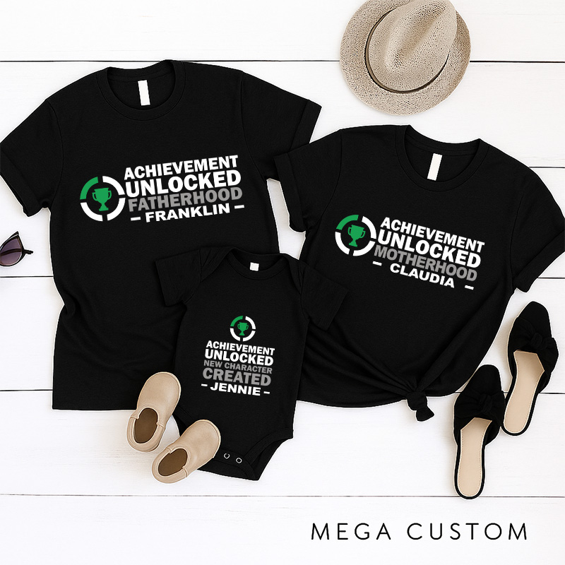 Personalized Achievement Unlocked Family Matching T-Shirts New Father Mother Shirts Funny Gamer Family Shirts Newborn Baby Gaming Shirt Father's Day