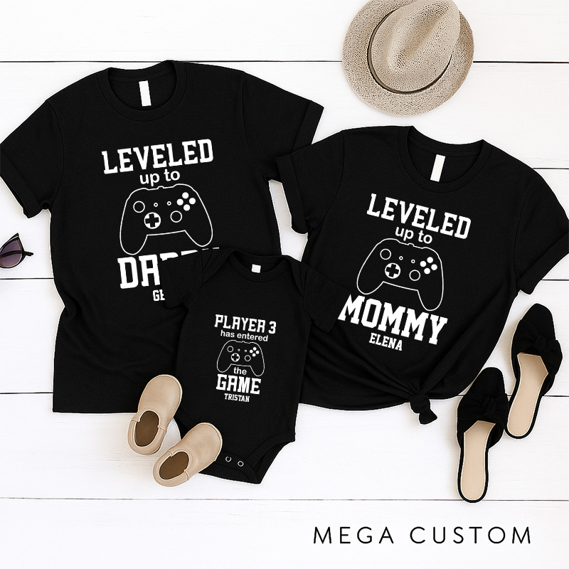 Personalized Leveled Up Family Matching T-Shirts New Father Mother Shirts Funny Gamer Family Shirts Newborn Baby Gift Geek Gaming Shirt Father's Day