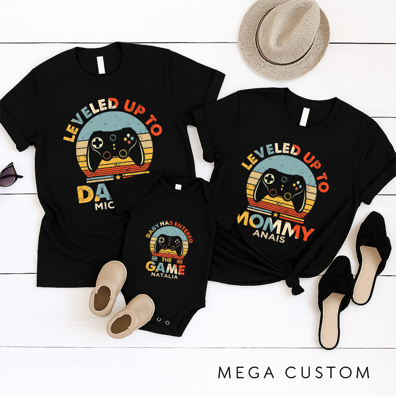 Personalized Level up to Daddy Mommy Family Matching T-Shirts Family Shirts Newborn Baby Gift Video Game Tshirt Geek Gaming Nerd Shirt Father’s Day