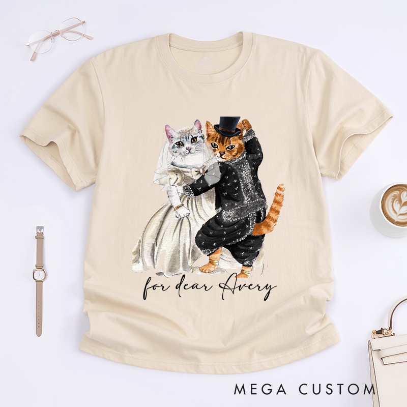 Personalized Wedding Cats Dancing T-Shirt Custom Name Cat Couple Bride and Groom Illustration Gift for Dance Lovers Unique Anniversary Present