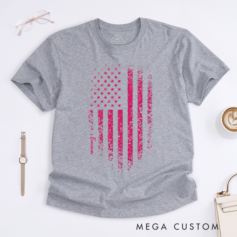 Personalized Breast Cancer Awareness Pink Distressed American Flag T-Shirt