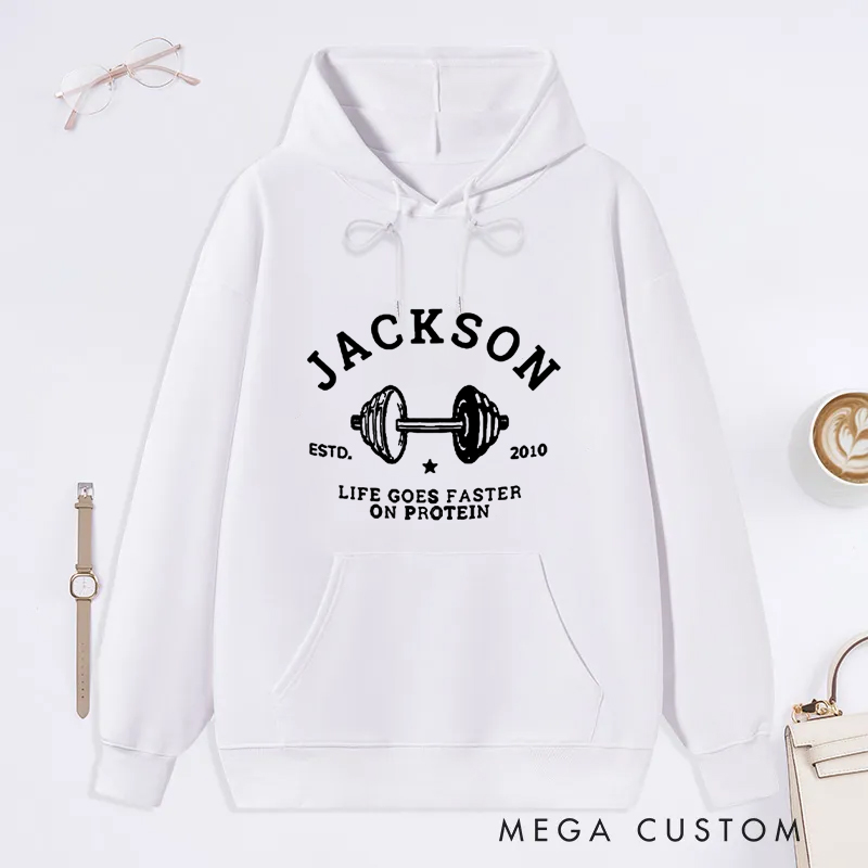 Personalized Fiitness Classic Hoodies with Dumbbell and Protein Quote for Fitness Enthusiasts Bodybuilders and Gym Lovers