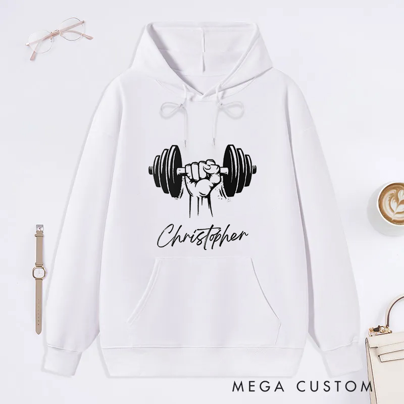 Personalized Fitness Classic Hoodies with Dumbbell Hand Design for Fitness Enthusiasts Bodybuilders and Gym Lovers