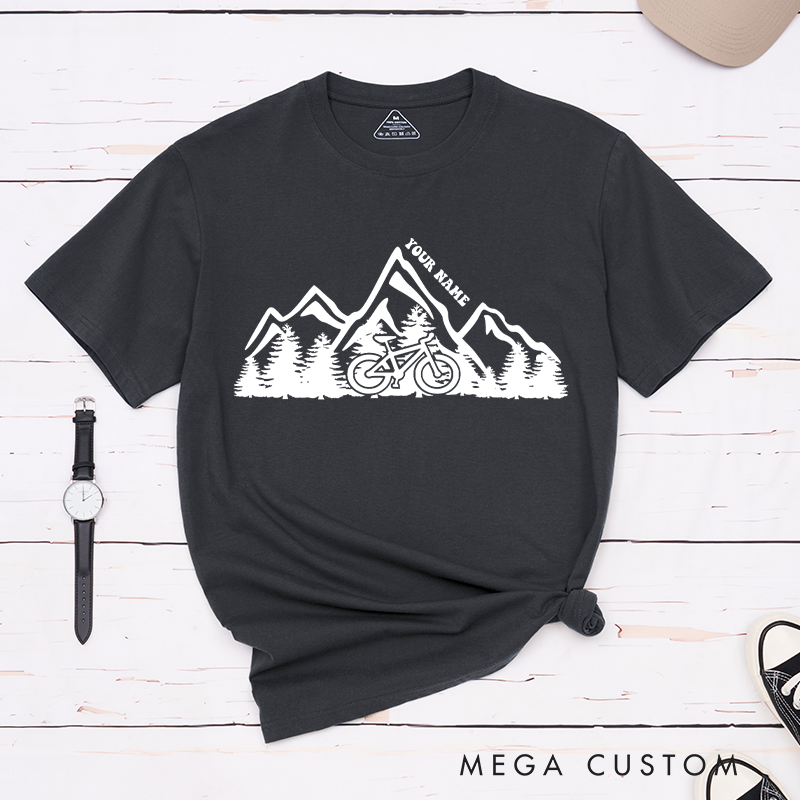Personalized Mountain Adventure Cycling T-Shirt with a Cyclist Silhouette for Outdoor Adventures Riding Cycling Biking Enthusiasts
