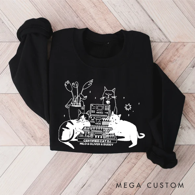 Personalized Classic Sweatshirts with Cat Sitting on Synthesizer and DJ Cat Illustration and Available in Multiple Colors