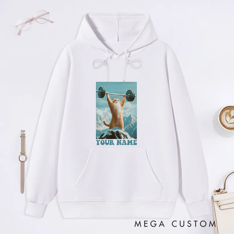 Personalized Fitness Classic Hoodies with Motivational Cat Lifting Barbell Design for Fitness Enthusiasts Bodybuilders and Gym Lovers