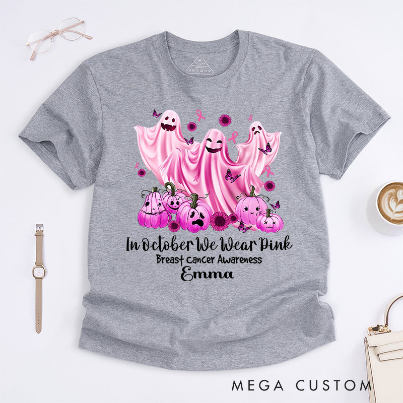 Personalized in October We Wear Pink Breast Cancer Awareness T-Shirt Ghost Haunted Pumpkin Halloween Gift