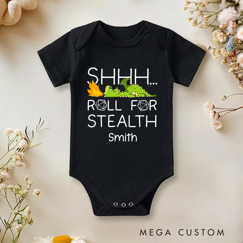 Personalized Shhh... Roll for Stealth Fun Dragon and Dice Gaming Design Baby Onesie