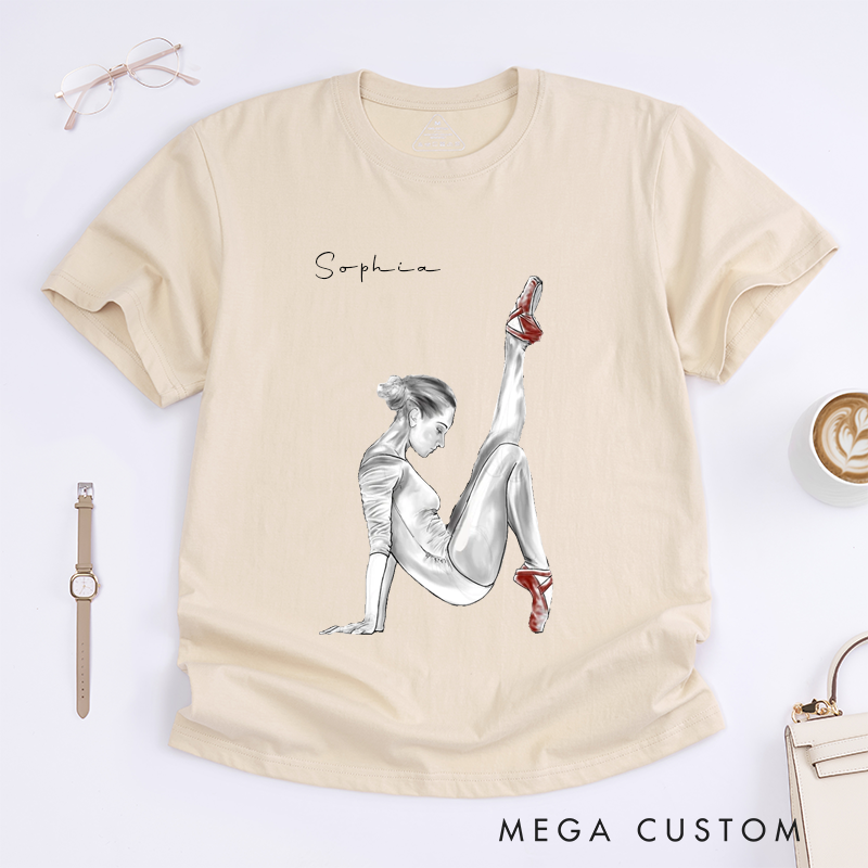 Personalized Ballet Dancer Classic T-Shirts Custom Name Artistic Sketch Unique Gift with Red Pointe Shoes for Ballerina Dancer Women Present