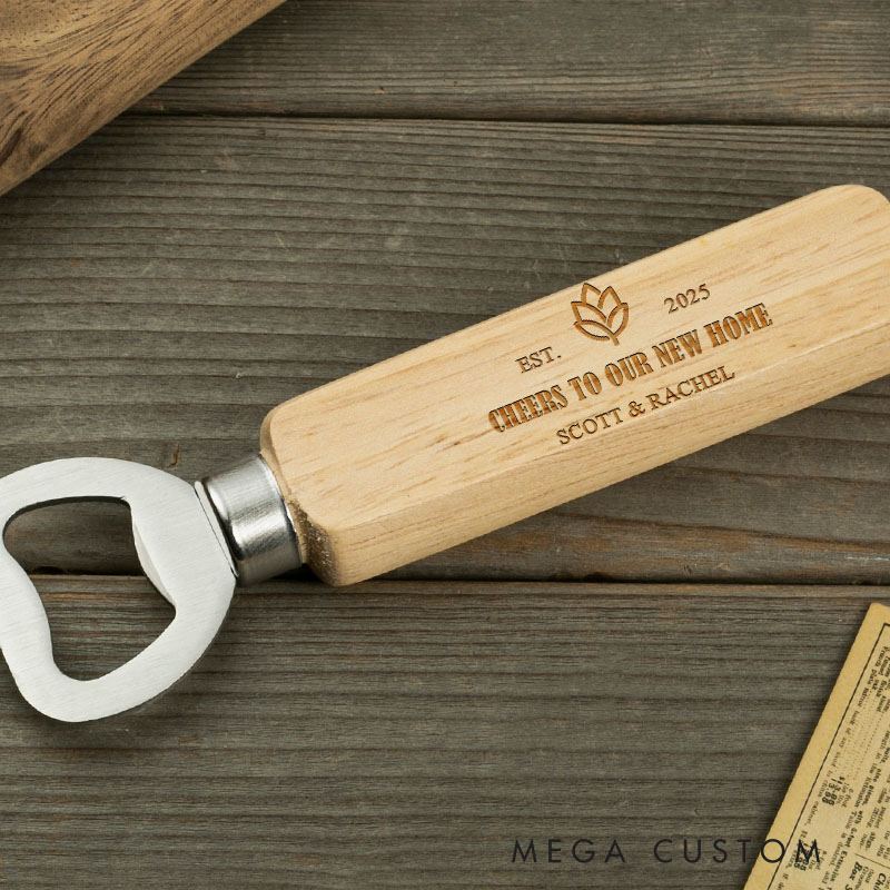 Personalized Wooden Bottle Opener Laser Engraved Leaf Emblem Bottle Opener  Wedding Housewarming Bride and Groom Gifts New Home Gift First Home Gift