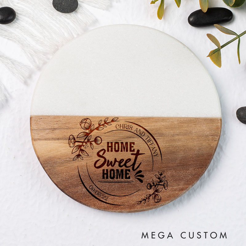 Personalized Marble and Wood Coaster Housewarming Gift New Home Gift for Couple Custom Engraved Wedding Coasters Moving Gifts Housewarming Celebration