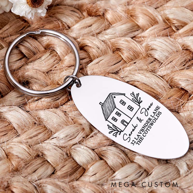 Personalized New Home Couples Keyring Housewarming Gift Engraved Keychain with Name and Adress Moving House Gift New Home Key Ring Gift for Homeowner