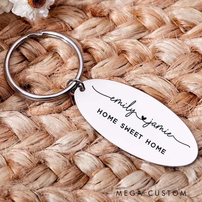 Personalized Home Sweet Home Couples Keyring with Names Engraved New Home Keychain Housewarming Gift Moving House Gift for Homeowner His and Hers