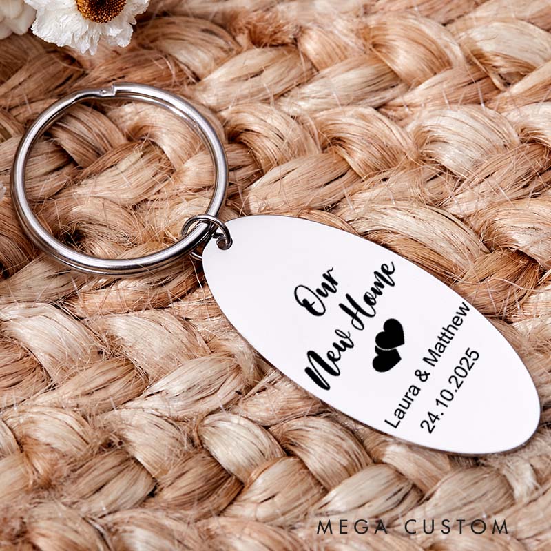 Personalized Our New Home Couples Keyring with Name Engraved First Home Keychain Housewarming Gift His and Hers Keyring Moving in Gift Matching Gift