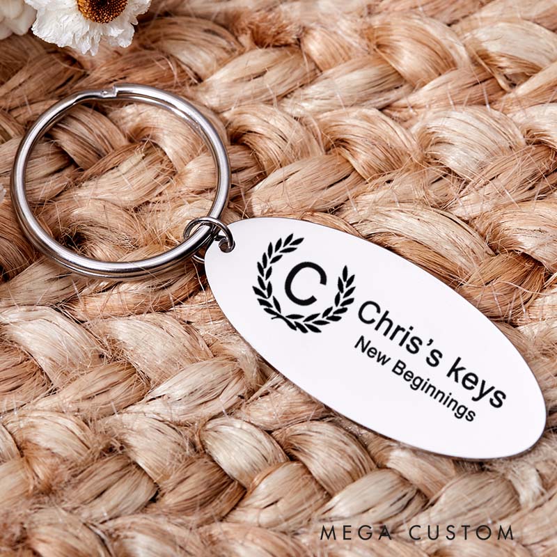 Personalized New Beginnings Keychain with Name Engraved House Warming Key Chain New Home Initial Keyring Moving House Gift for Homeowner First Home