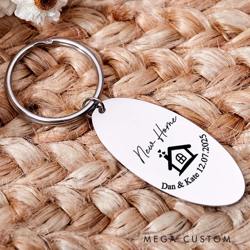 Personalized New Home Couples Keyring with Name and Date House Warming Keychain Moving House Gift His and Hers Keyring Housewarming Gift for Homeowner