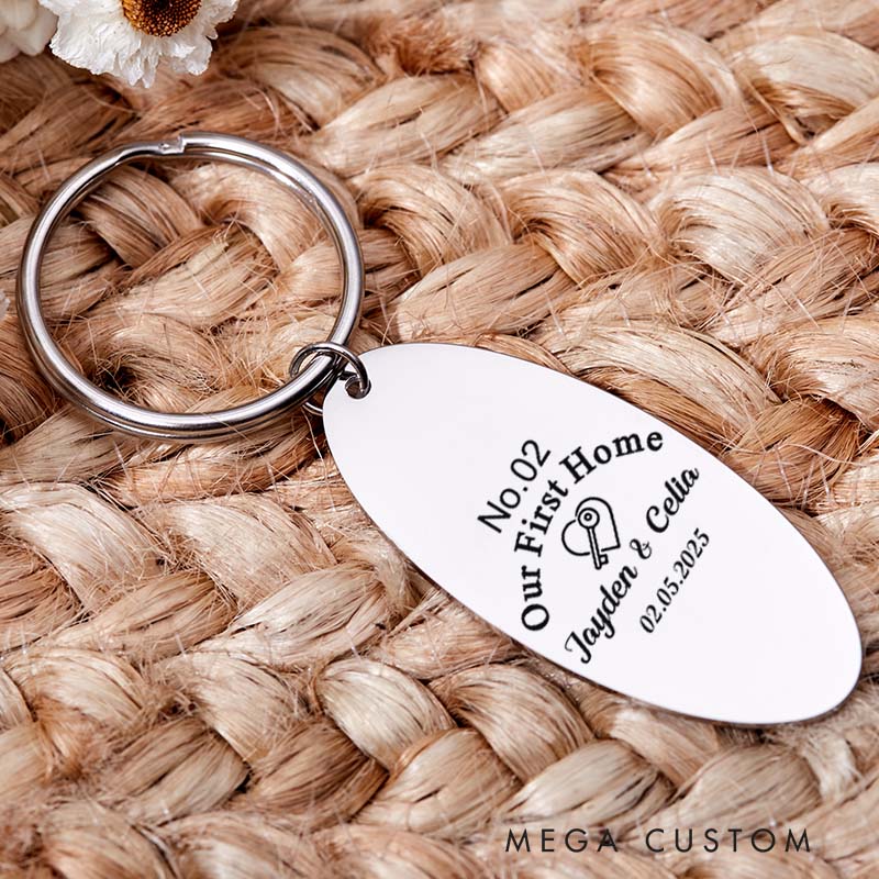 Personalized Our First Home Keychain Engraved New Home Couples Keyring House Warming Keychain Moving Gift His and Hers Keyring Housewarming Gift