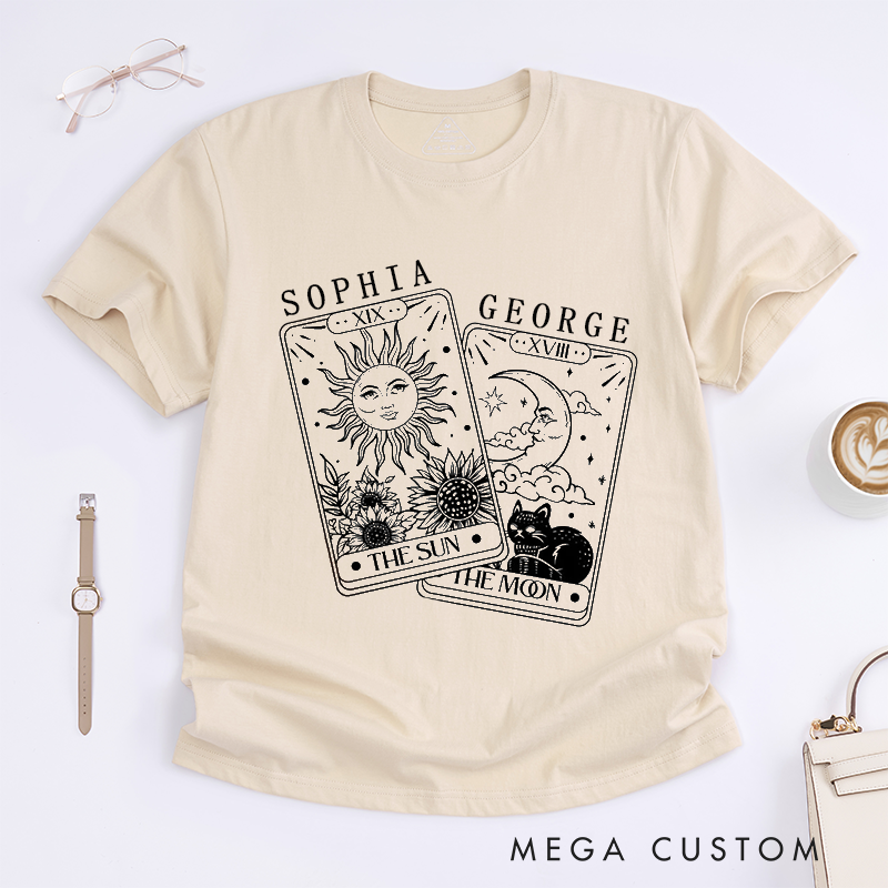 Personalized Tarot Lovers Classic T-Shirts Tarot Cards Sun and Moon Magic Illustration Witchcraft Boho Illustration T-Shirts Gift