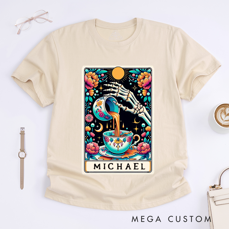 Personalized Spill the Tea Skeleton Tarot Card Classic T-Shirts Unique Gossip Lover Gift Custom Name Floral Vintage Aesthetic T-Shirts