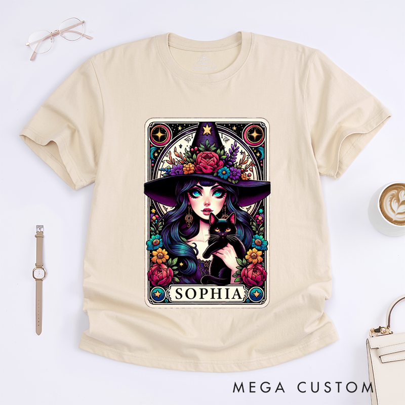 Personalized Tarot Lovers Classic T-Shirts Custom Name Floral Magic Cat Gift Unique Magic Lover Aesthetic Outfit