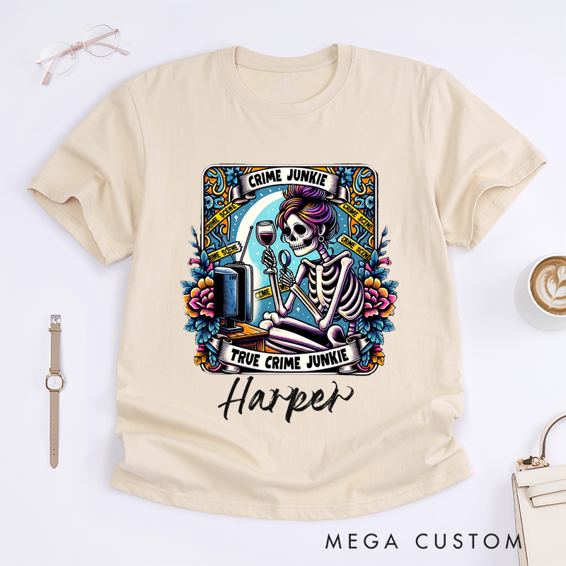 Personalized Tarot Lovers Classic T-Shirts Crime Junkie Classic T-Shirts Skeleton Watching TV Gift for Crime Lovers for Halloween